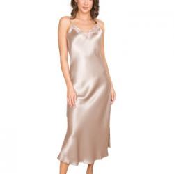 Lady Avenue Pure Silk Long Nightgown With Lace Pärlvit silke Medium Dam